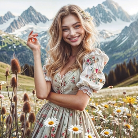 夏日巍峨高山花海美女写真摄影图片